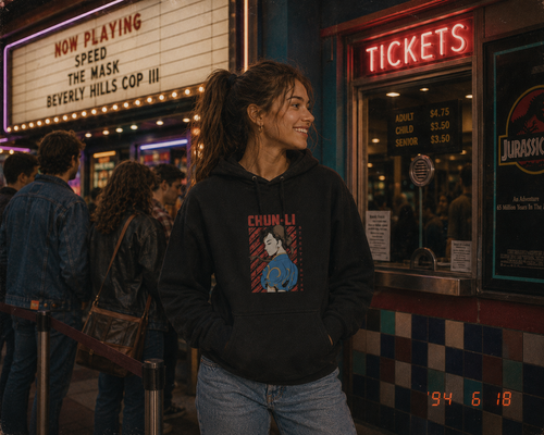Lifestyle image showing the Chun-Li Hoodie front print