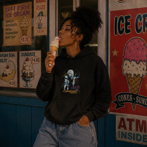 Lifestyle image showing the Cyberpunk Hoodie front print