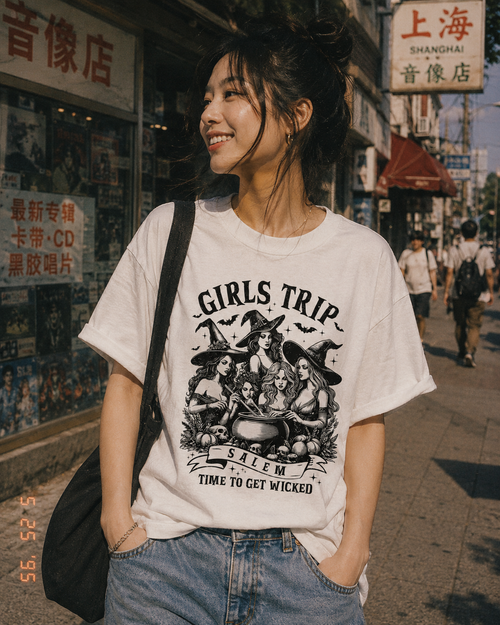 Lifestyle image showing the Girls’ Trip to Salem Tee front print